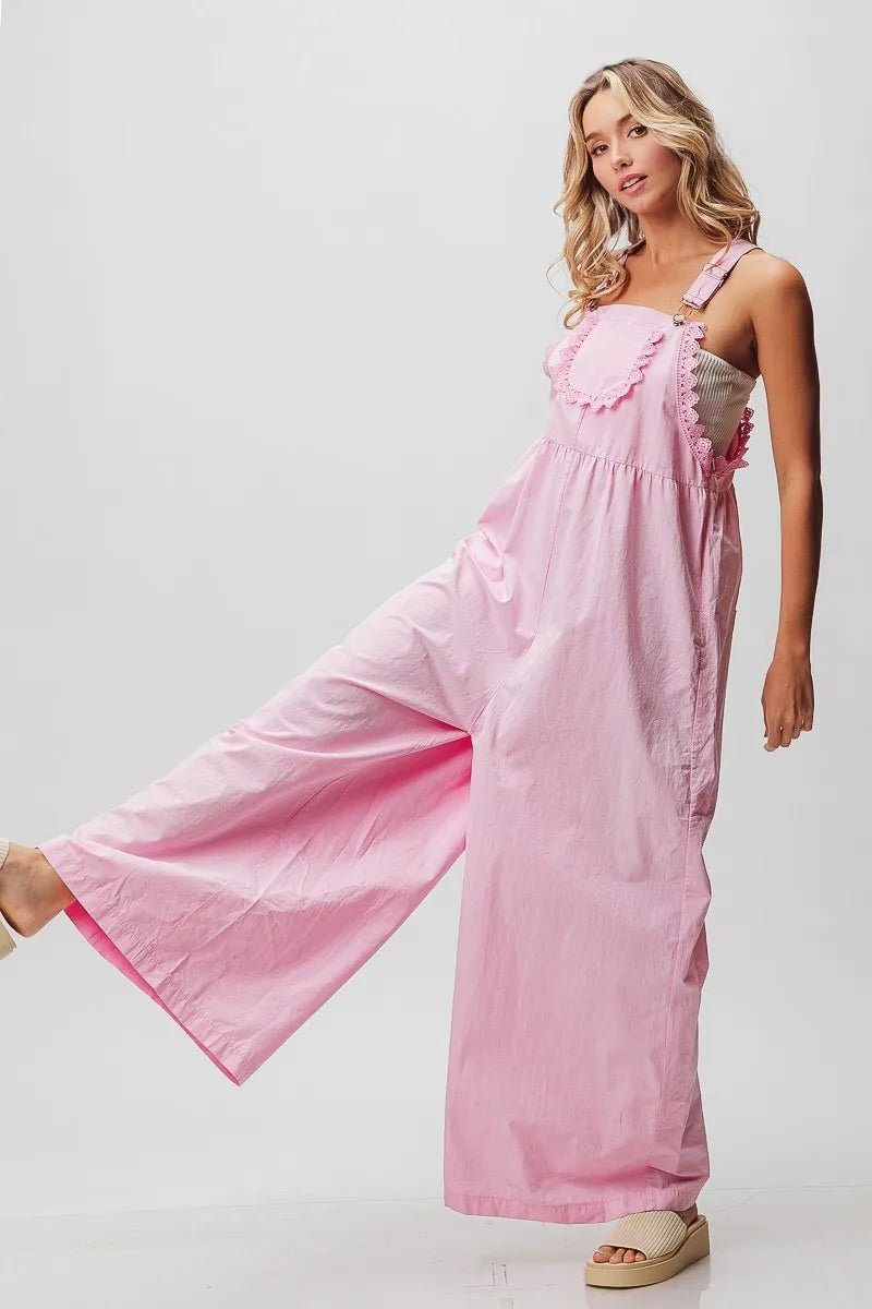 BiBi - Pink Eyelet Trim Wide - Leg Overalls
