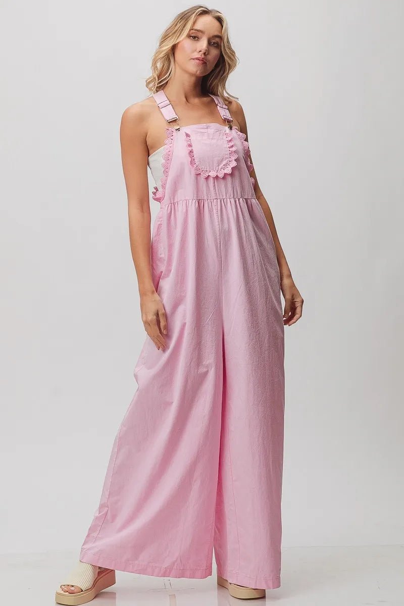 BiBi - Pink Eyelet Trim Wide - Leg Overalls