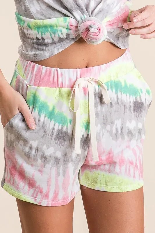 BiBi - Pink & Green Tie - Dye Drawstring Shorts