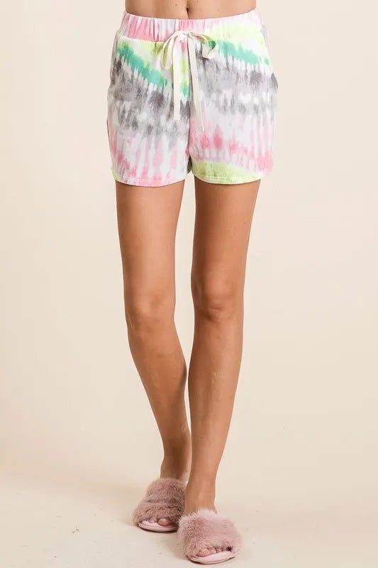 BiBi - Pink & Green Tie - Dye Drawstring Shorts