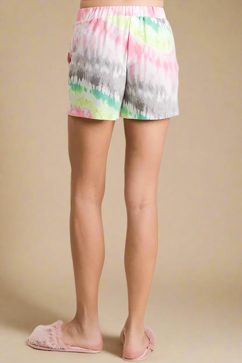 BiBi - Pink & Green Tie - Dye Drawstring Shorts