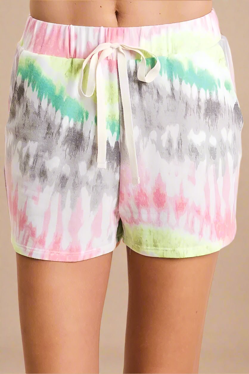 BiBi - Pink & Green Tie - Dye Drawstring Shorts