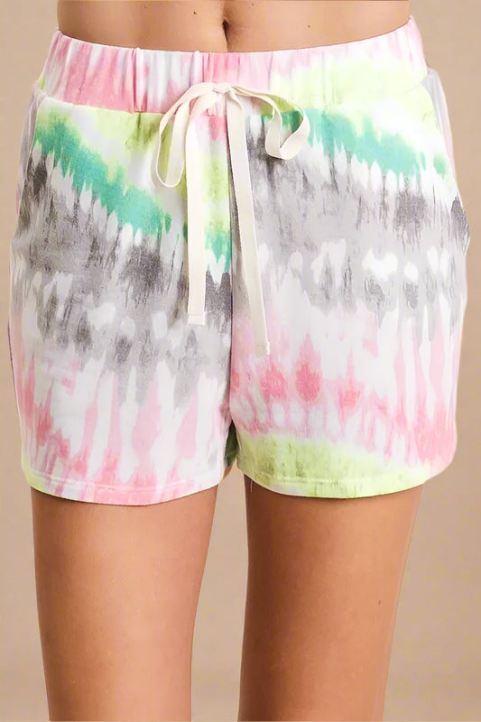 BiBi - Pink & Green Tie - Dye Drawstring Shorts