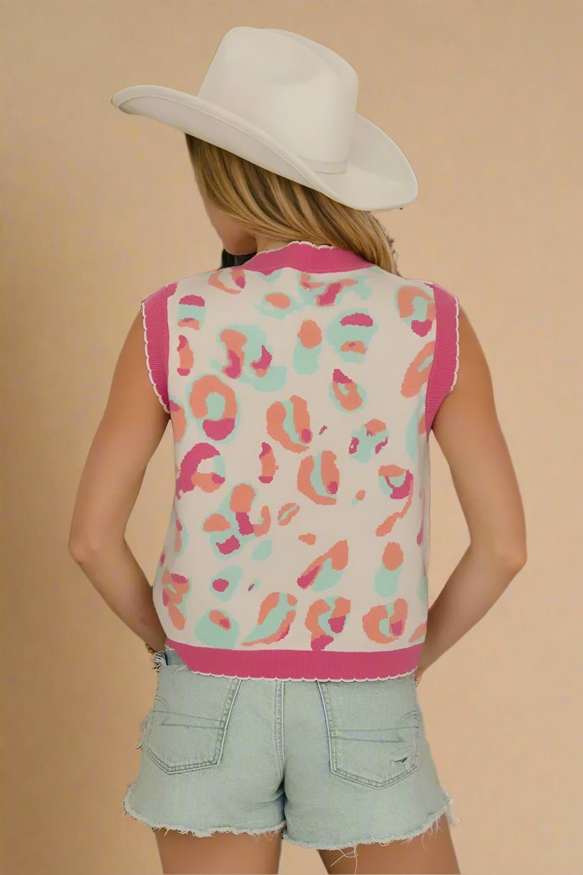 BiBi - Pink Multi Leopard Print Knit Tie Front Vest