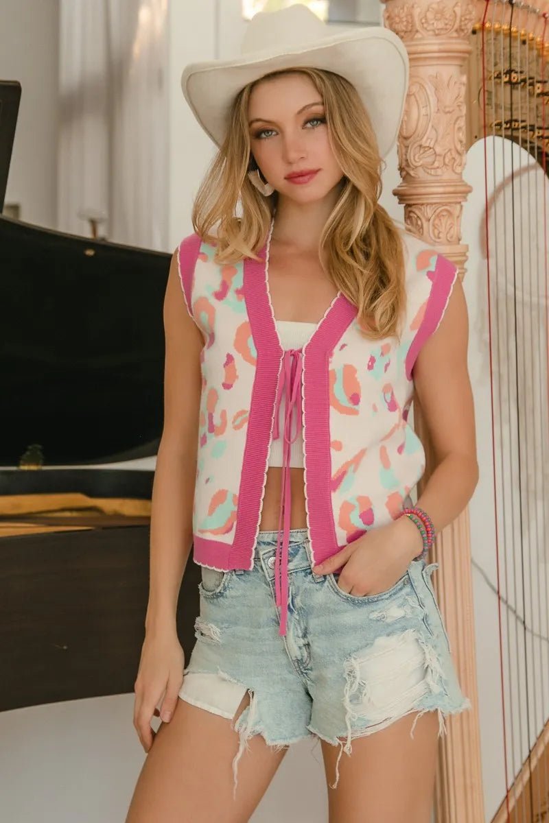 BiBi - Pink Multi Leopard Print Knit Tie Front Vest