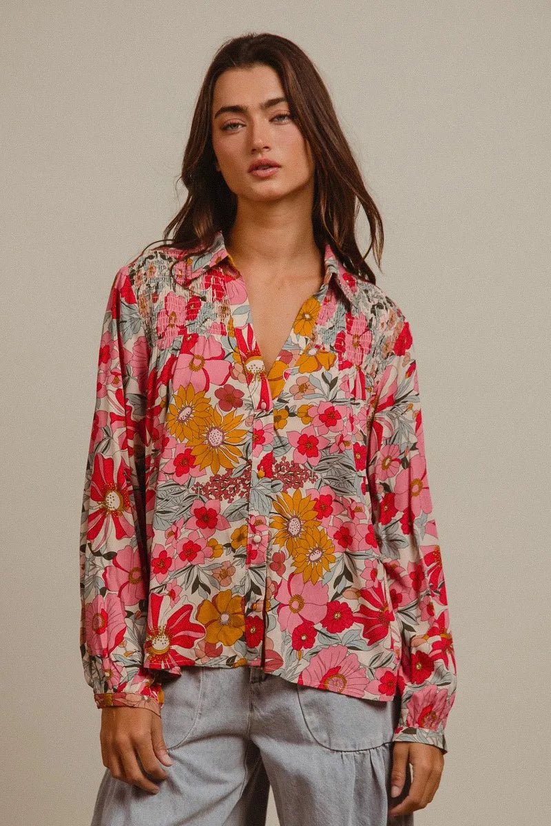 BiBi - Pink & Mustard Floral Button Down Blouse