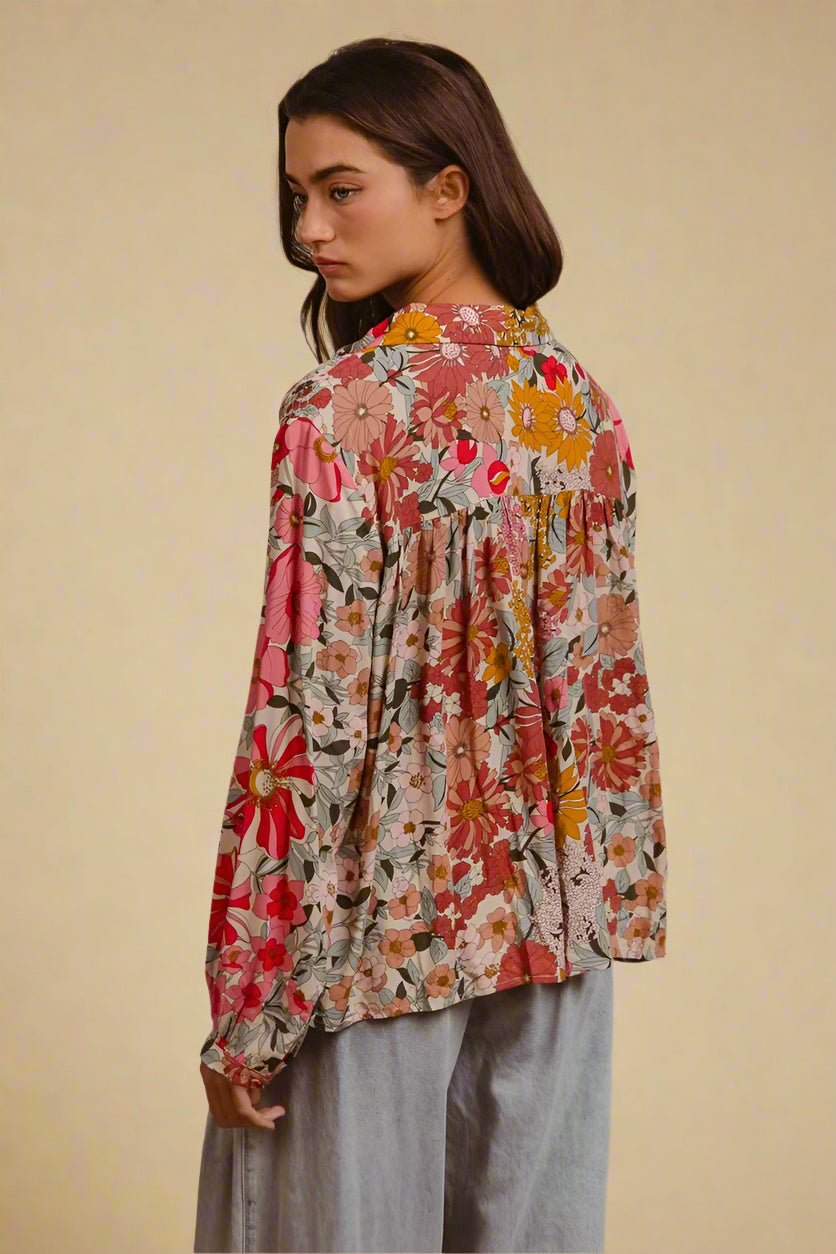 BiBi - Pink & Mustard Floral Button Down Blouse