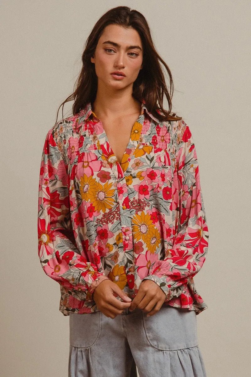 BiBi - Pink & Mustard Floral Button Down Blouse