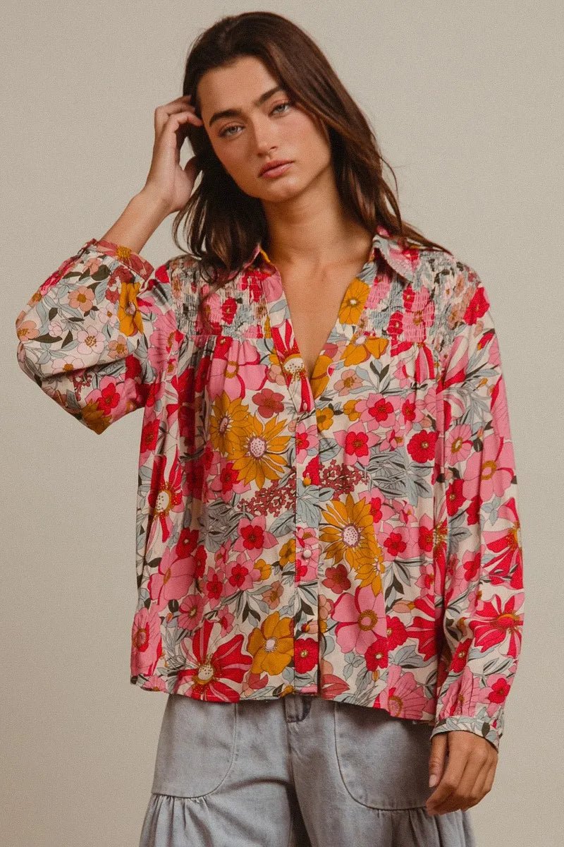 BiBi - Pink & Mustard Floral Button Down Blouse