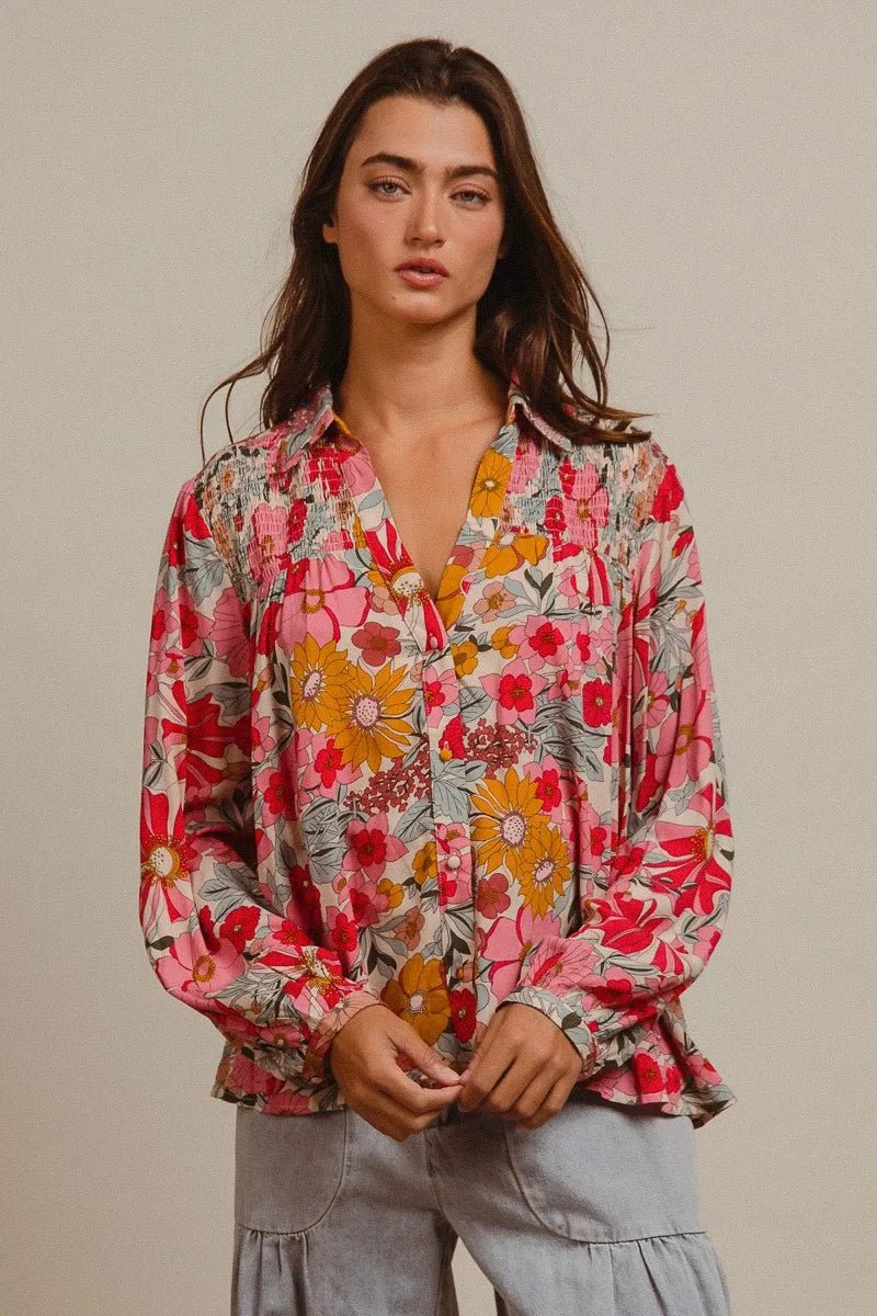 BiBi - Pink & Mustard Floral Button Down Blouse