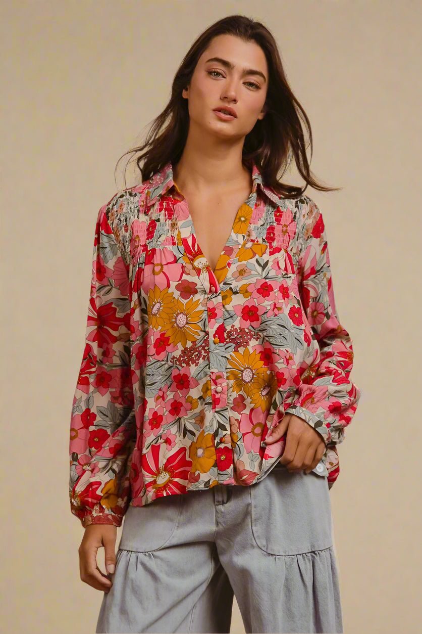 BiBi - Pink & Mustard Floral Button Down Blouse