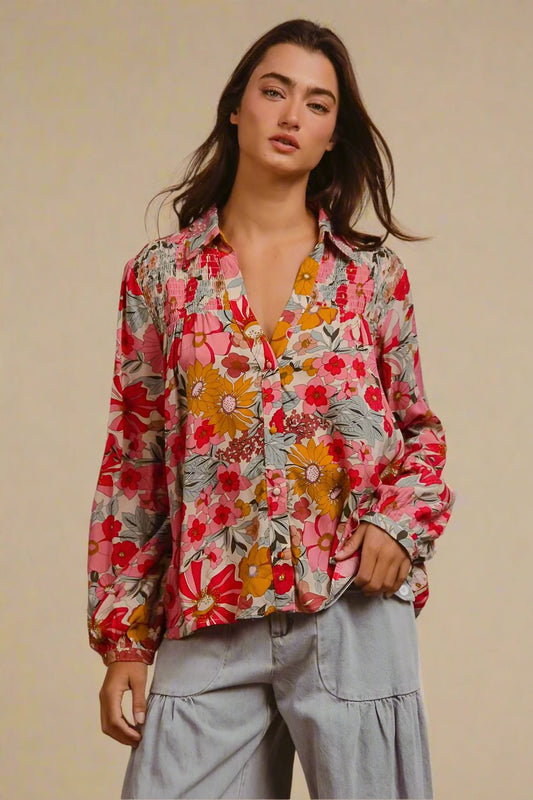 BiBi - Pink & Mustard Floral Button Down Blouse