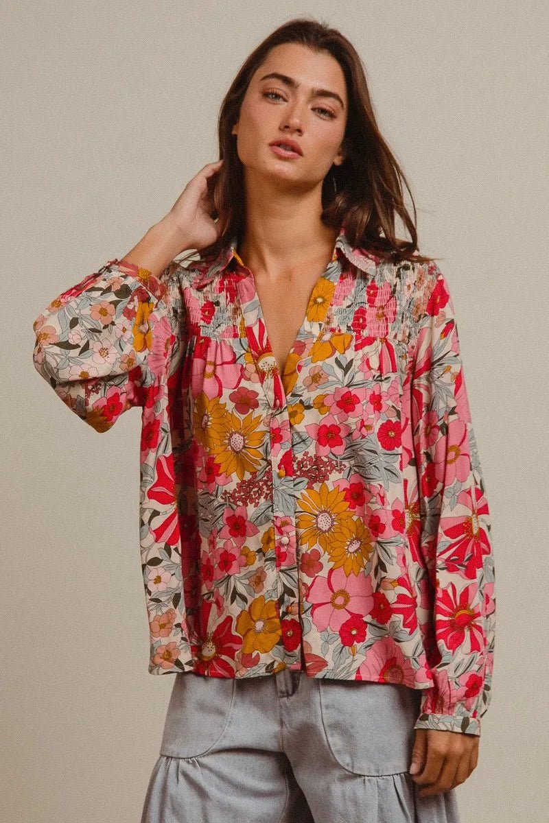 BiBi - Pink & Mustard Floral Button Down Blouse
