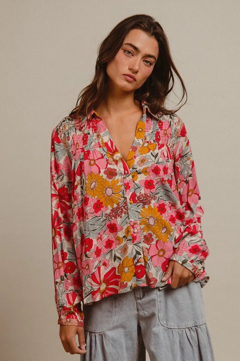 BiBi - Pink & Mustard Floral Button Down Blouse