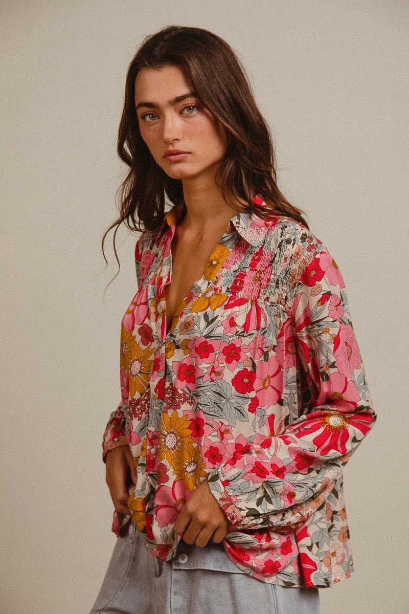 BiBi - Pink & Mustard Floral Button Down Blouse