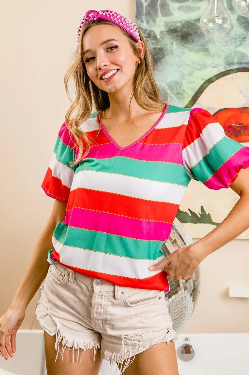 BiBi - Pink, Red & Green Puff Sleeve Stripe Top