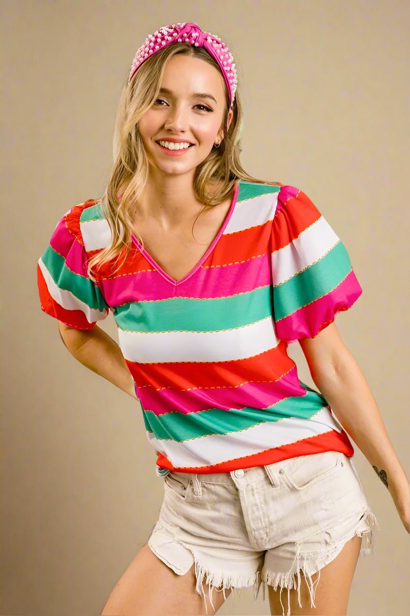 BiBi - Pink, Red & Green Puff Sleeve Stripe Top