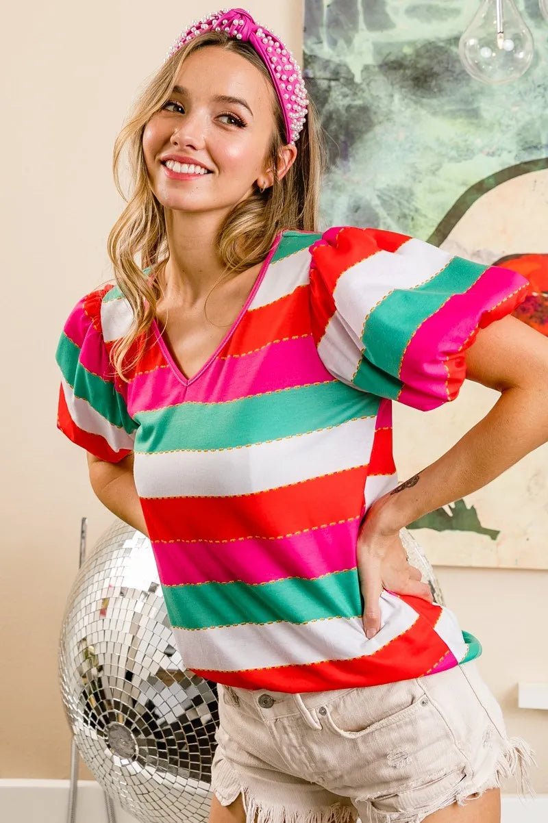 BiBi - Pink, Red & Green Puff Sleeve Stripe Top
