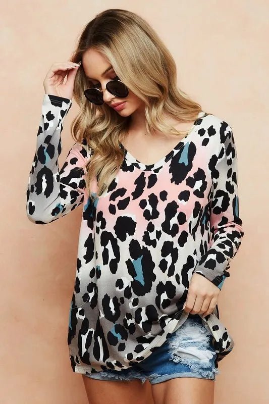 BiBi - Pink & Teal Ombre Leopard Long Sleeve Top