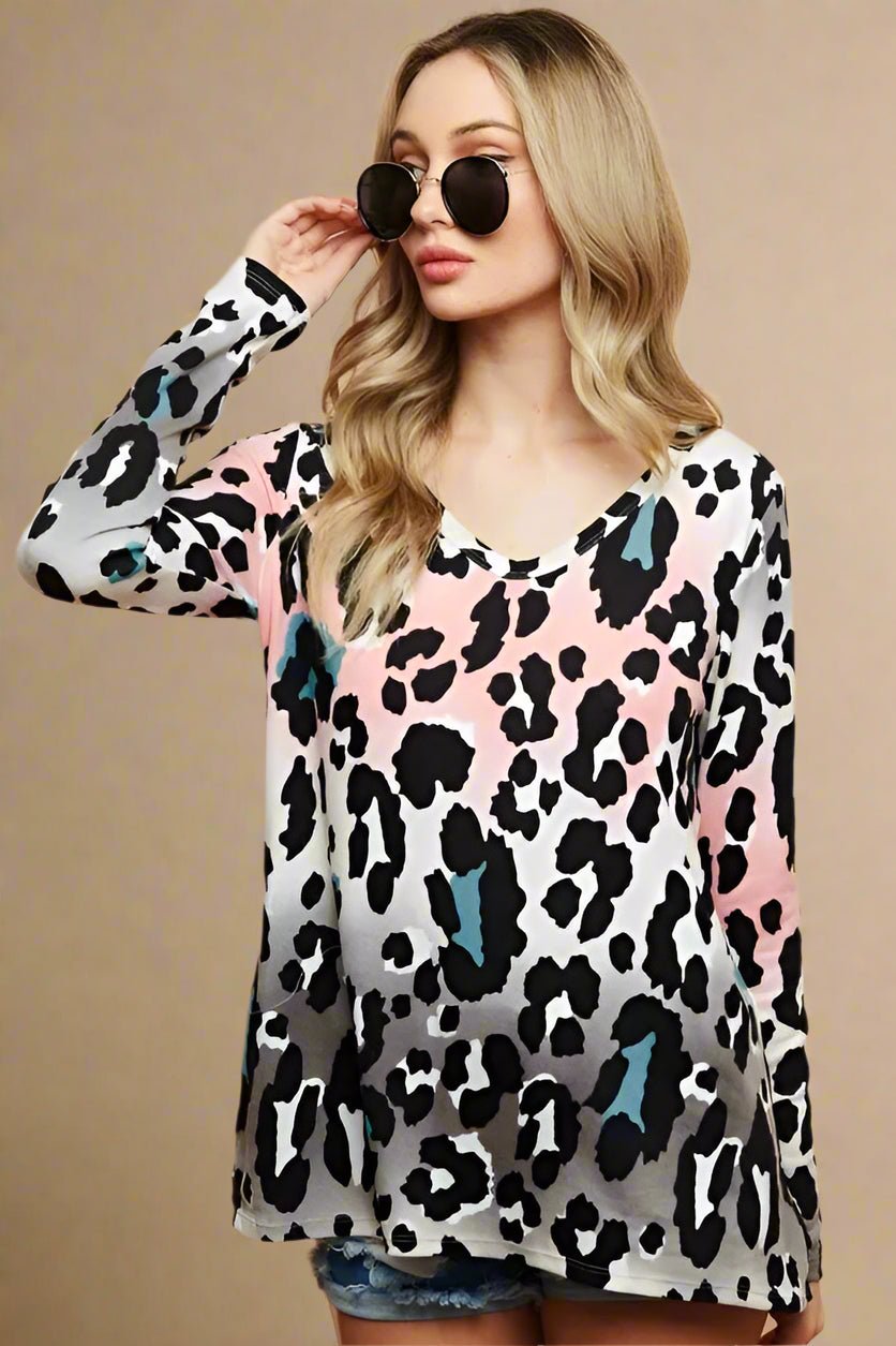BiBi - Pink & Teal Ombre Leopard Long Sleeve Top