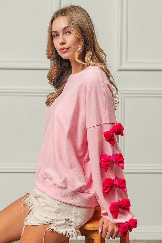 BiBi - Pink Velvet Bows Long Sleeve Sweatshirt