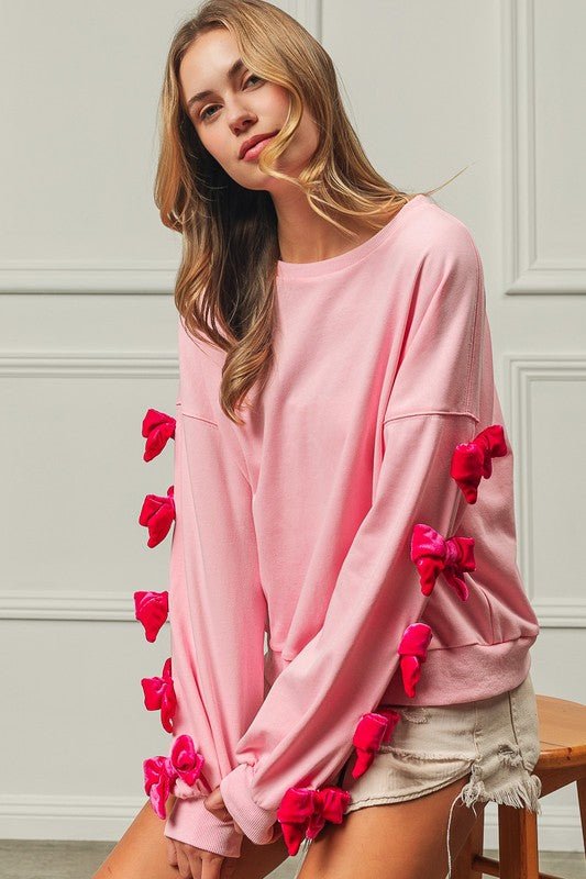 BiBi - Pink Velvet Bows Long Sleeve Sweatshirt