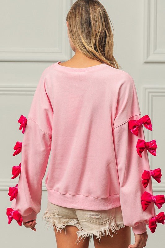 BiBi - Pink Velvet Bows Long Sleeve Sweatshirt