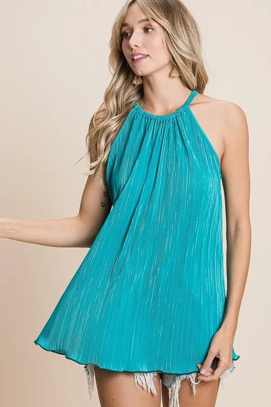 BiBi - Pleated Halter Tank Top in Teal