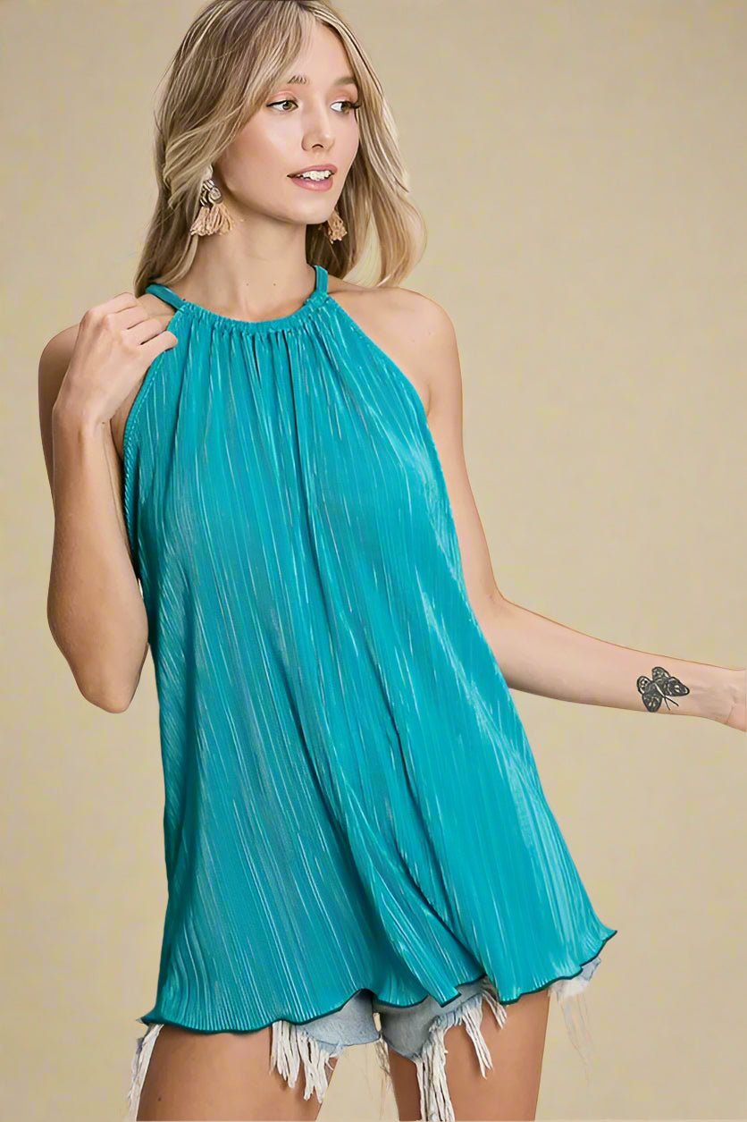 BiBi - Pleated Halter Tank Top in Teal