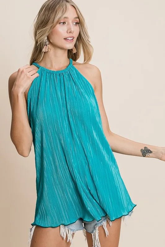 BiBi - Pleated Halter Tank Top in Teal Blue