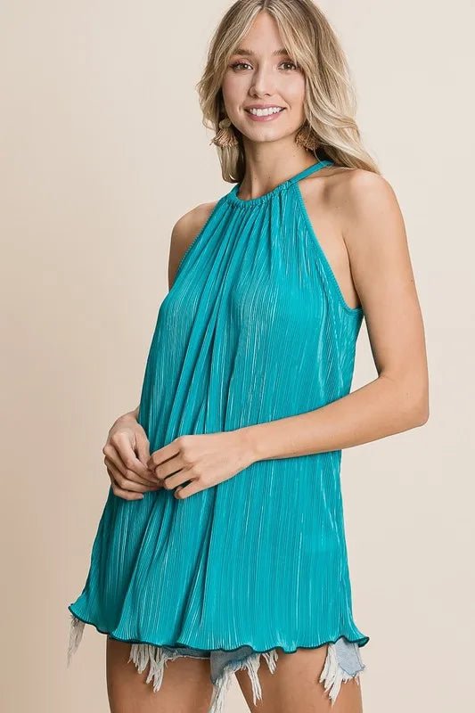 BiBi - Pleated Halter Tank Top in Teal Blue
