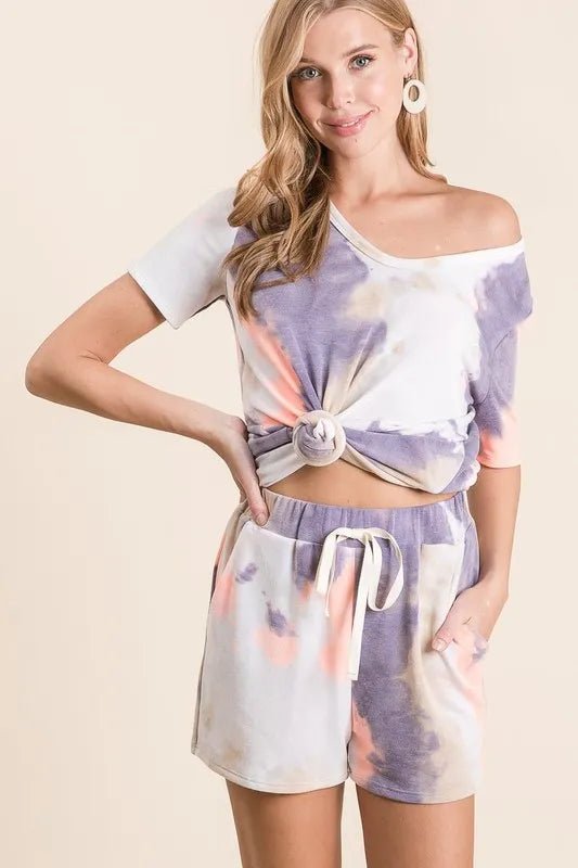 BiBi - Purple & Peach Tie - Dye Drawstring Shorts