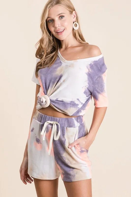 BiBi - Purple & Peach Tie - Dye Drawstring Shorts