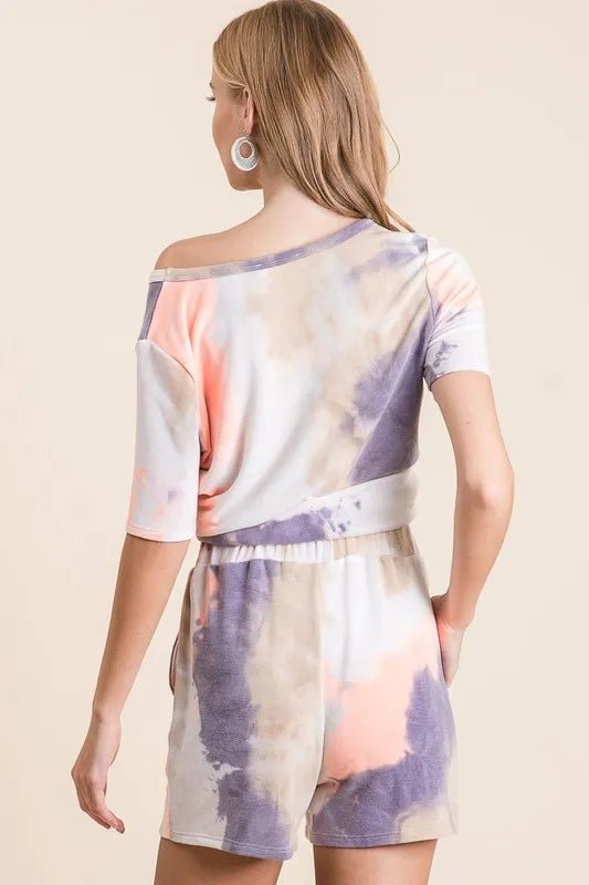 BiBi - Purple & Peach Tie - Dye Drawstring Shorts