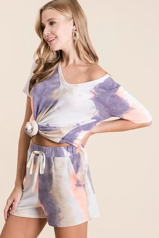 BiBi - Purple & Peach Tie - Dye Drawstring Shorts
