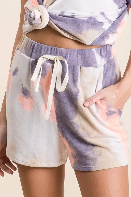 BiBi - Purple & Peach Tie - Dye Drawstring Shorts