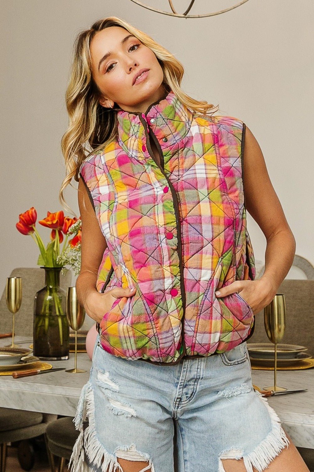 BiBi - Quilted Washed Plaid Snap Down Vest in Stained Glass