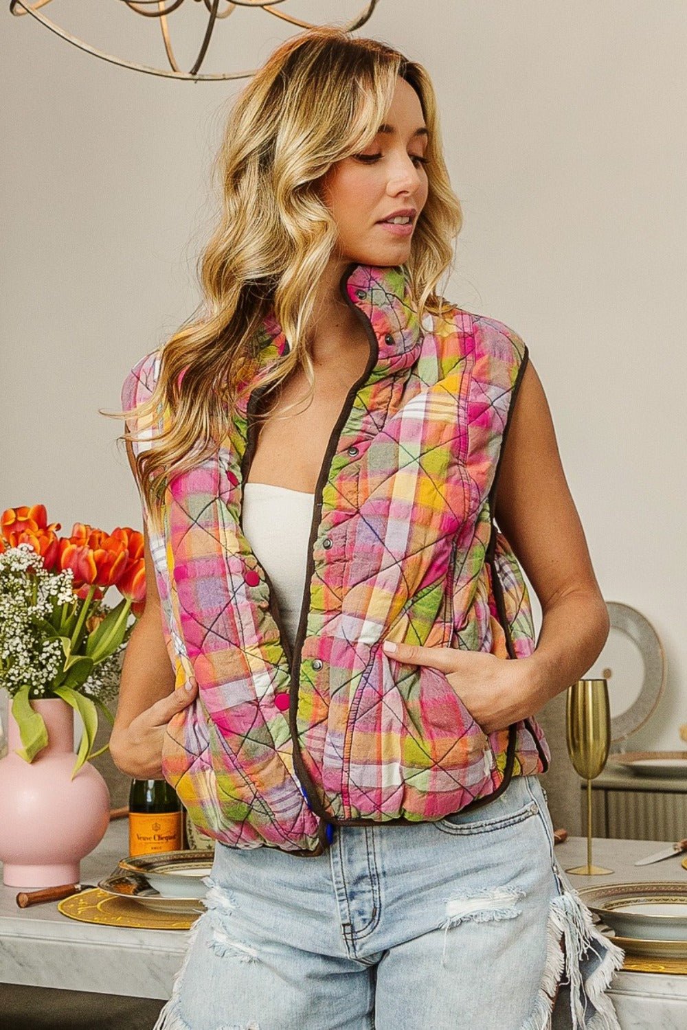 BiBi - Quilted Washed Plaid Snap Down Vest in Stained Glass