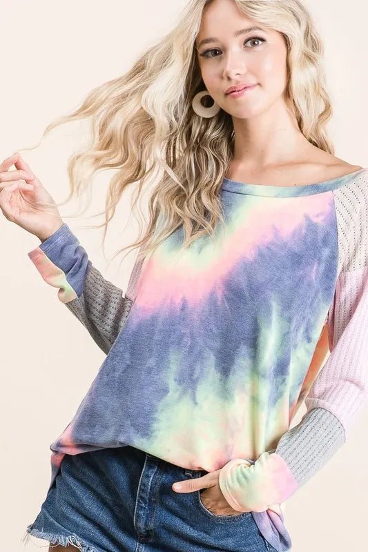 BiBi - Raglan Tie - Dye Pullover – Navy Mint & Pink Sleeves