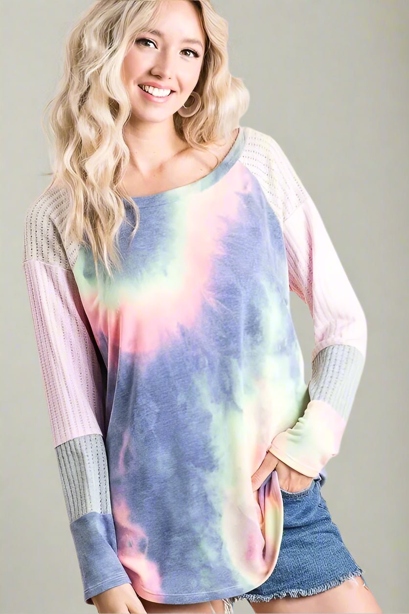 BiBi - Raglan Tie - Dye Pullover – Navy Mint & Pink Sleeves