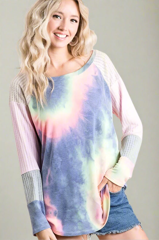 BiBi - Raglan Tie - Dye Pullover – Navy Mint & Pink Sleeves