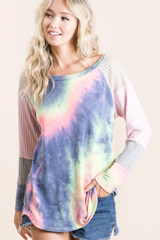 BiBi - Raglan Tie - Dye Pullover – Navy Mint & Pink Sleeves