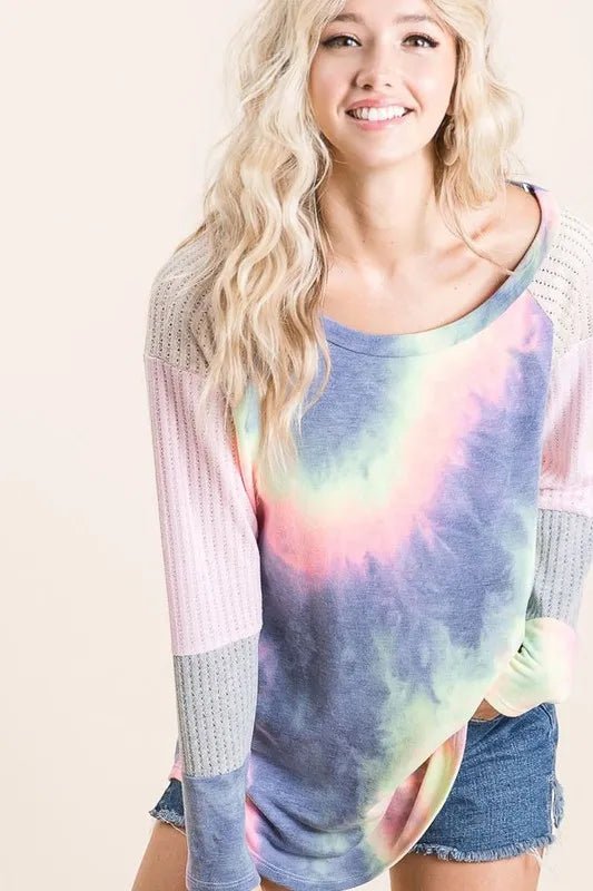 BiBi - Raglan Tie - Dye Pullover – Navy Mint & Pink Sleeves