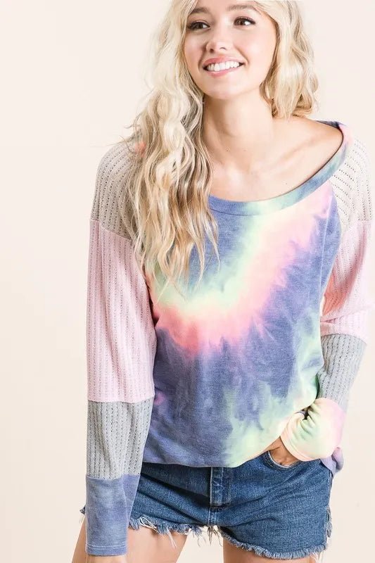 BiBi - Raglan Tie - Dye Pullover – Navy Mint & Pink Sleeves