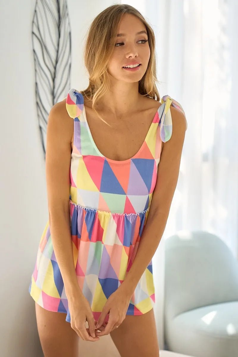 BiBi - Rainbow Geometric Tie - Shoulder Babydoll Top