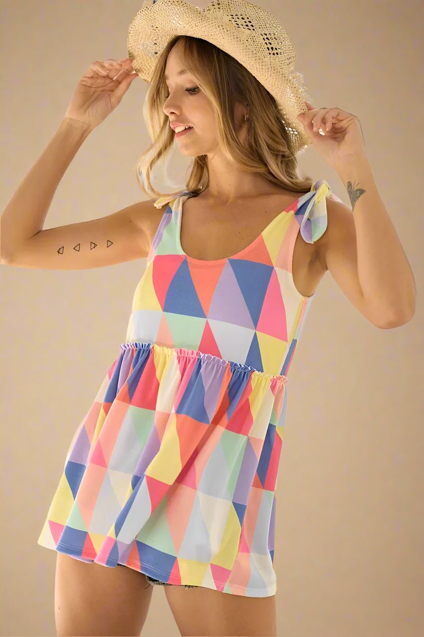 BiBi - Rainbow Geometric Tie - Shoulder Babydoll Top