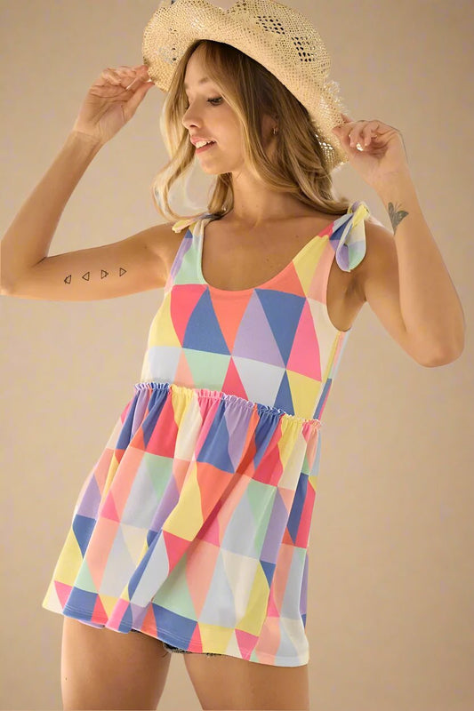 BiBi - Rainbow Geometric Tie - Shoulder Babydoll Top