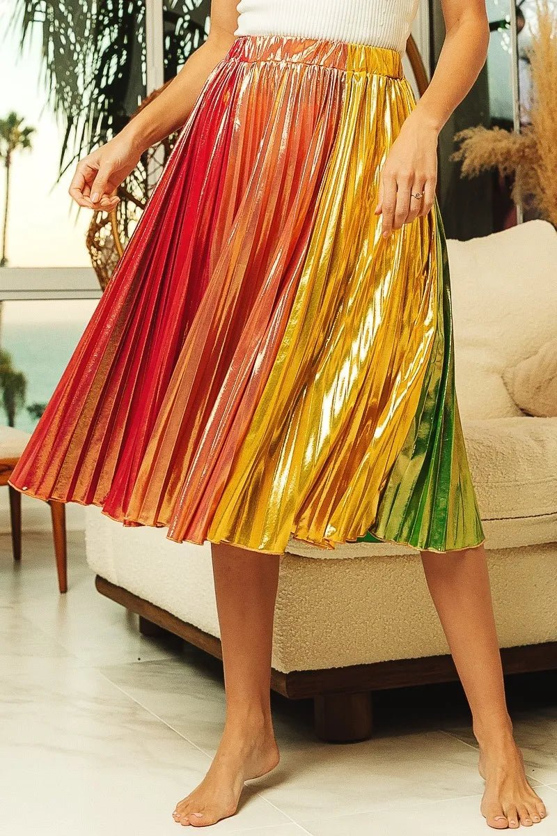 BiBi - Rainbow Metallic Pleated Midi Skirt