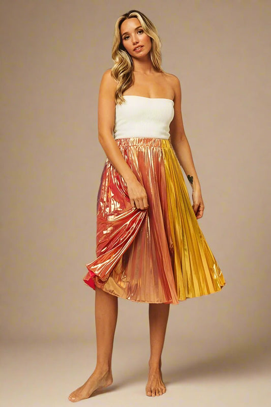 BiBi - Rainbow Metallic Pleated Midi Skirt