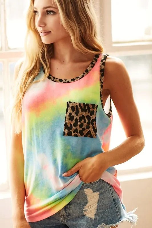 BiBi - Rainbow Tie - Dye Tank with Leopard Trim and Pocket